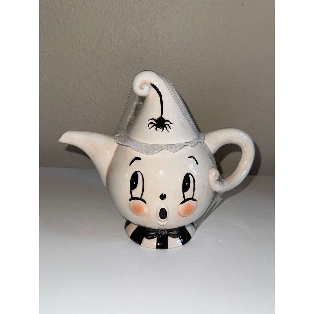 Johanna Parker Carnival Cottage Ghost Teapot Halloween Ceramic Decor White Black